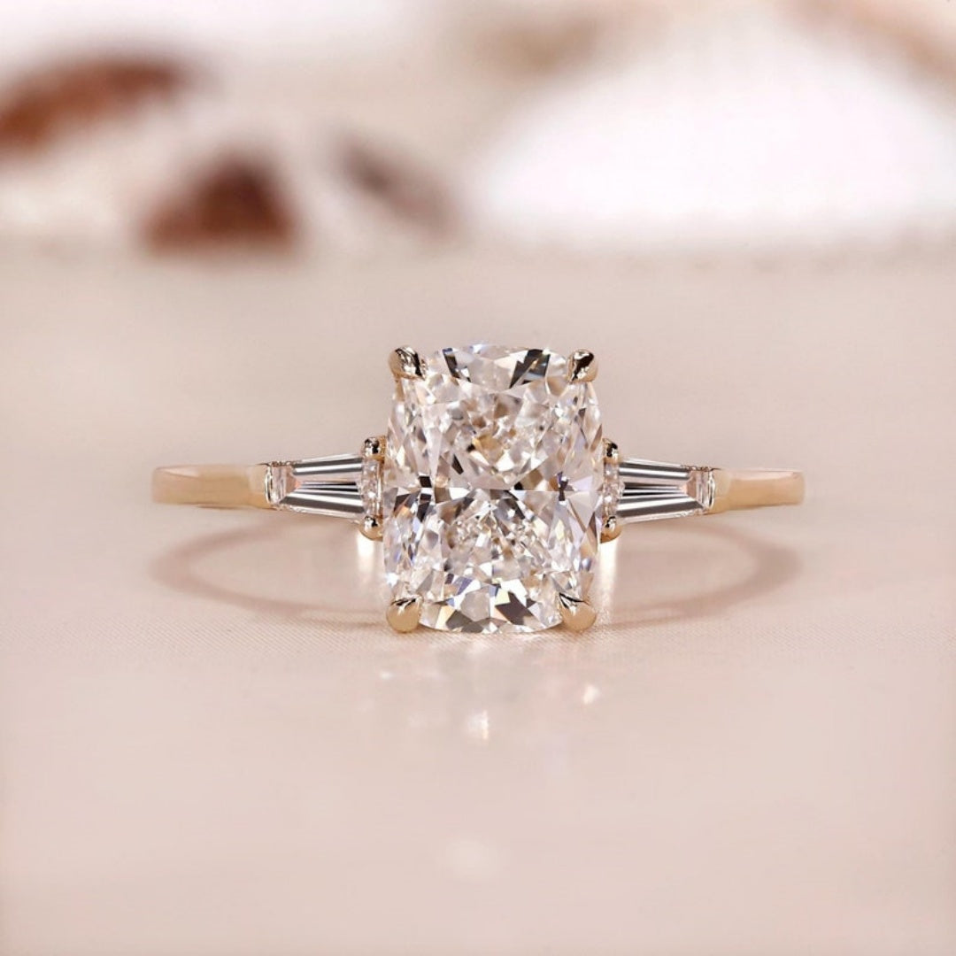 10K Gold Lab Grown Diamond CVD 3CT Cushion-Cut Tapered Baguette Engagement Rin