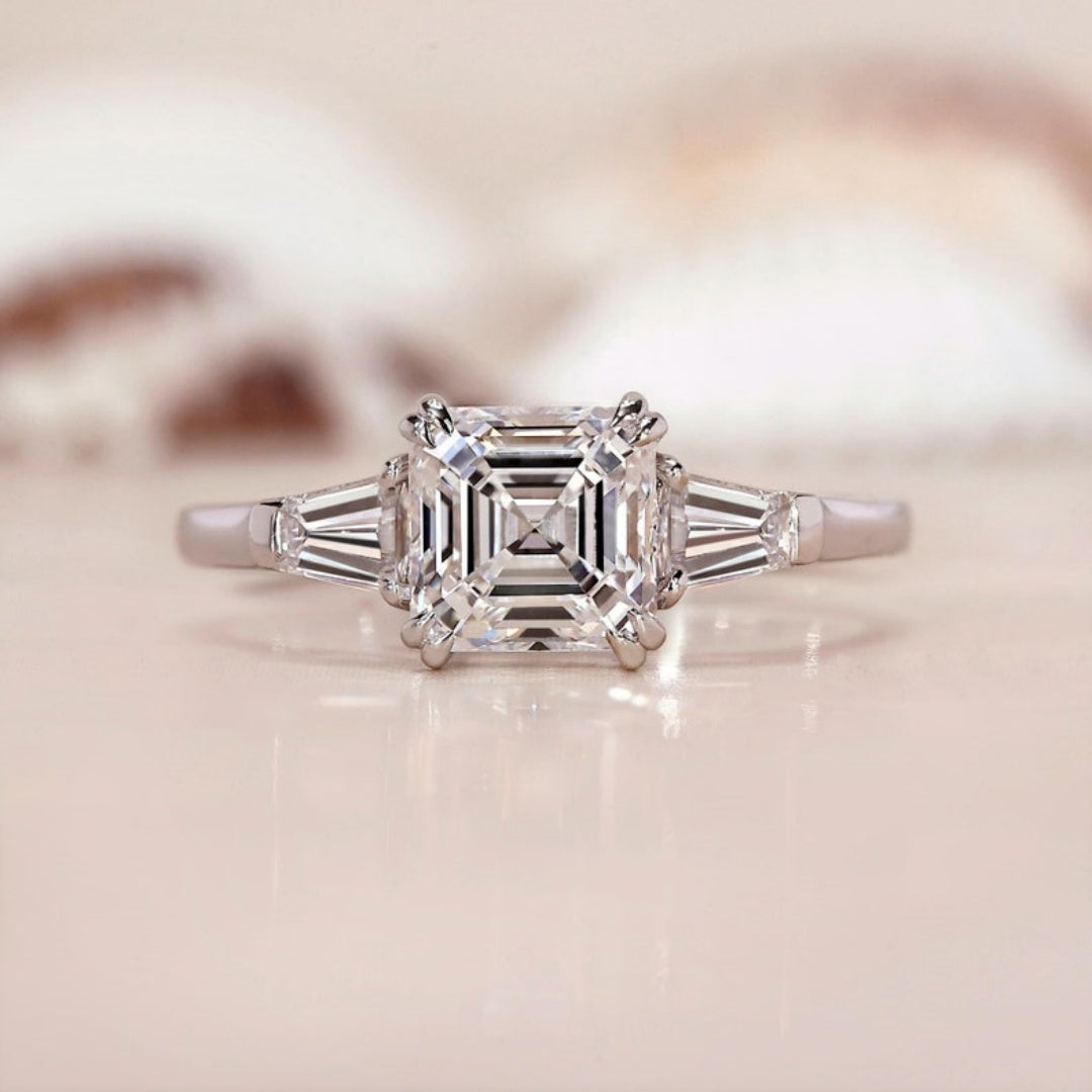 10K Gold Lab Grown Diamond CVD 1CT Asscher-Cut Side Stone Tapered Baguette Double ClawProng Promise Ring