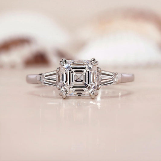 10K Gold Lab Grown Diamond CVD 1CT Asscher-Cut Side Stone Tapered Baguette Double ClawProng Promise Ring