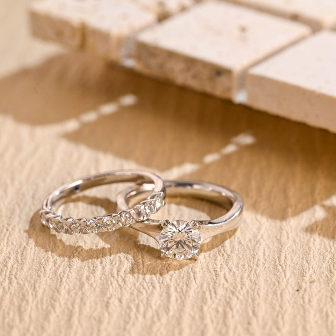 14K Gold Lab Grown Diamond CVD 1.5CT Round-Cut Couple Anniversary Ring Set
