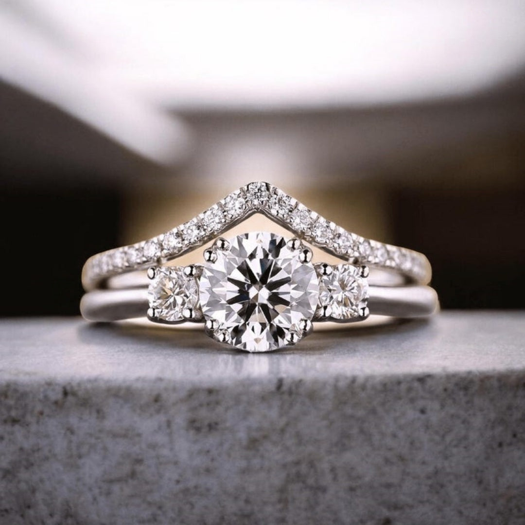 14K Gold Lab Grown Diamond CVD 1CT Round-Cut Classic Ring Set For Her