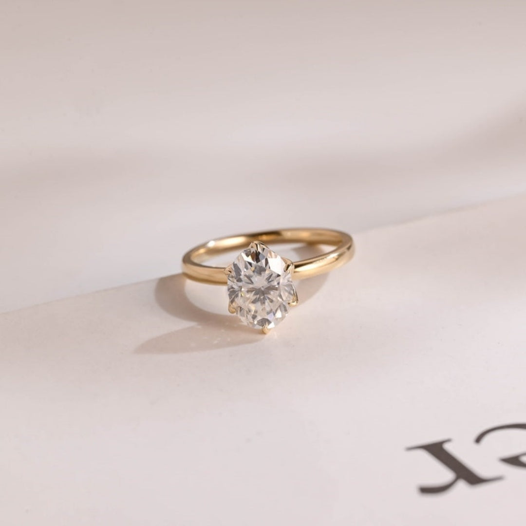 18k Gold Lab Grown Diamond CVD 2CT Ovla-Cut 6 Prong Flower Art Deco Ring