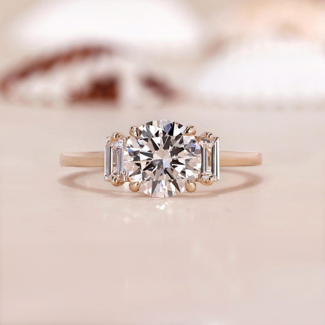 10K Gold Lab Grown Diamond CVD 1.5CT Round-Cut Round & Baguette Unique Design Promise Ring