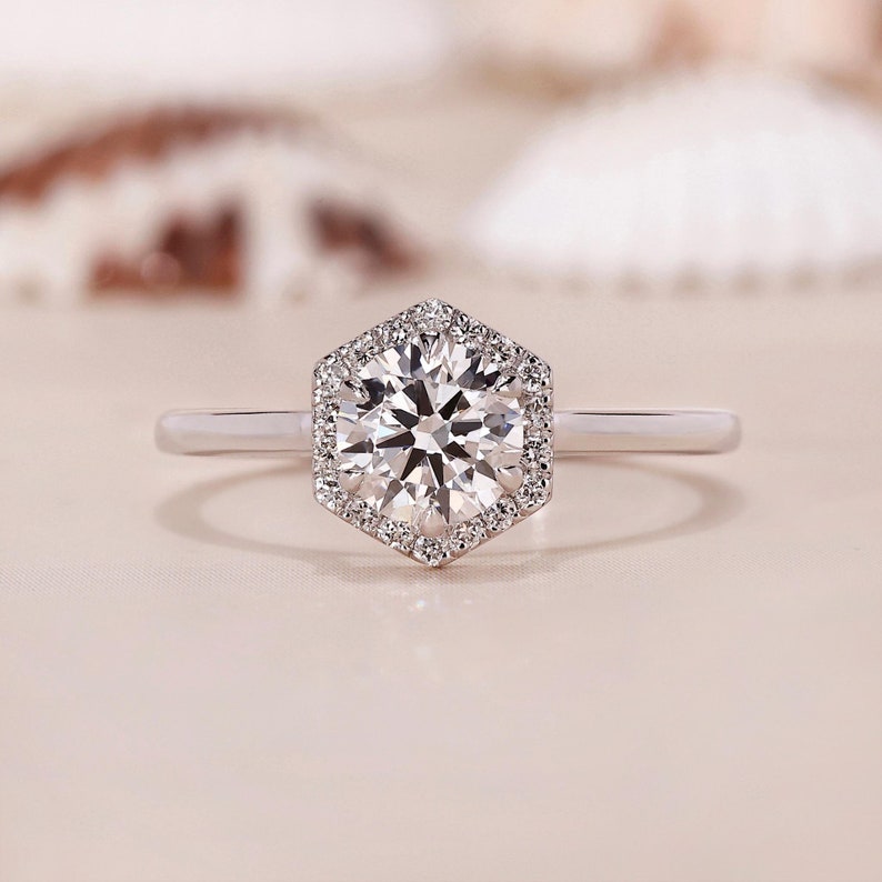10K Gold Lab Grown Diamond CVD 2CT Round-Cut Hexagon Halo Engagement Ring