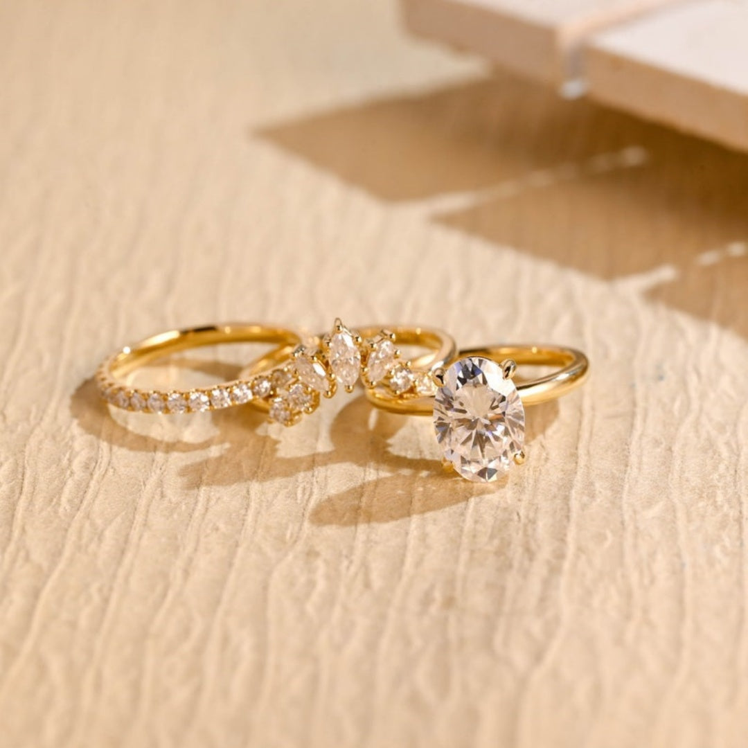 18k Gold Lab Grown Diamond CVD 2CT Oval-Cut Three Ring Set Anniversary Gift for Woman