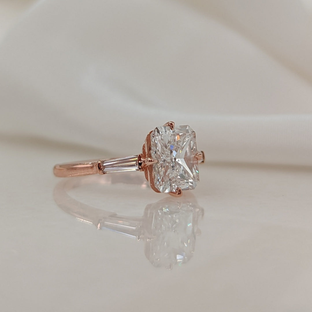 18K Gold Lab Grown Diamond CVD 3CT Radiant-Cut With Tapered Side Engagement Ring