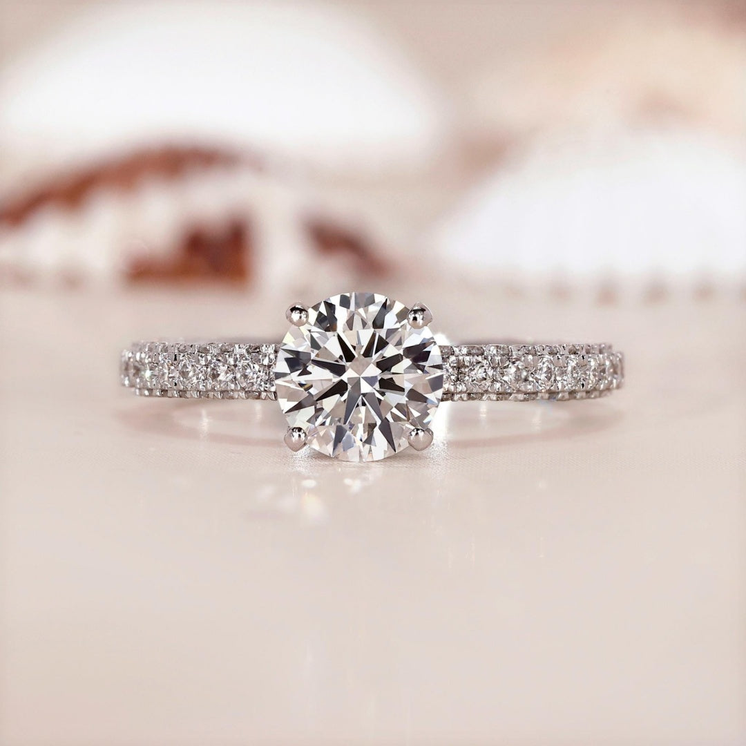14K Gold Lab Grown Diamond CVD 2CT Round-Cut Hidden Halo Three-Side Pave Engagement Ring