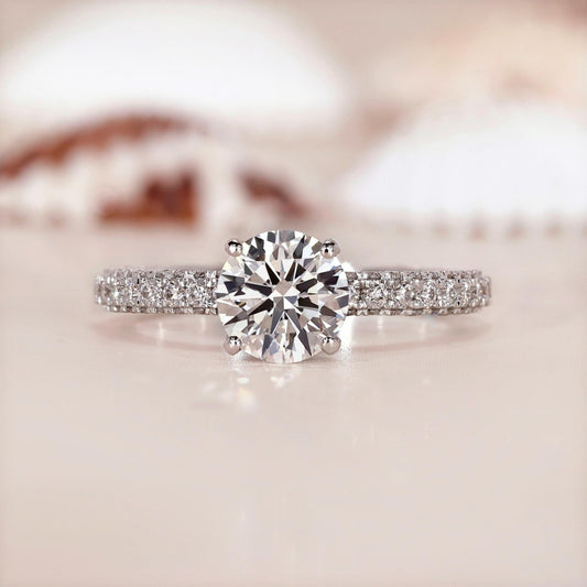 14K Gold Lab Grown Diamond CVD 2CT Round-Cut Hidden Halo Three-Side Pave Engagement Ring