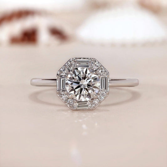 10K Gold Lab Grown Diamond CVD 1CT Cushion-Cut Cluster Halo Round & Baguette Accents Engagement Ring