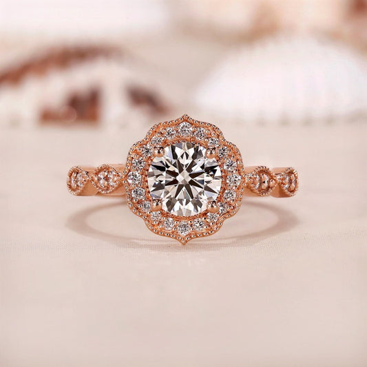 18k Gold Lab Grown Diamond CVD 1CT Round-Cut Art Deco Diamond Engagement Ring