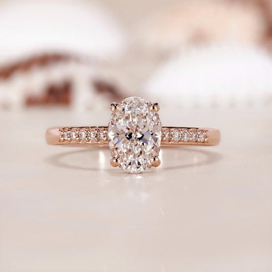 18k Gold Lab Grown Diamond CVD 1.5CT Oval-Cut Hidden Halo Diamond Engagement Ring