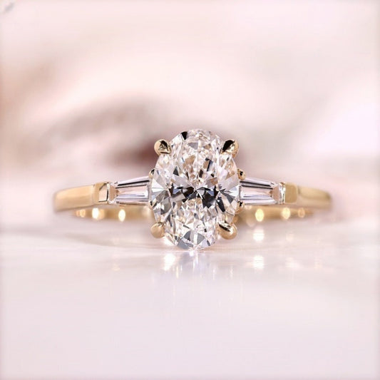 10K Gold Lab Grown Diamond CVD 2CT Oval-Cut Three Stone Baguette Engagement Ring