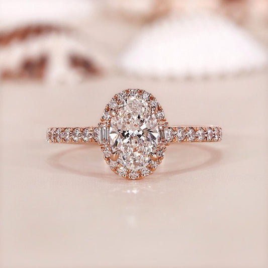 18k Gold Lab Grown Diamond CVD 1CT Oval-Cut Baguette Accent Handmade Halo Engagement Ring