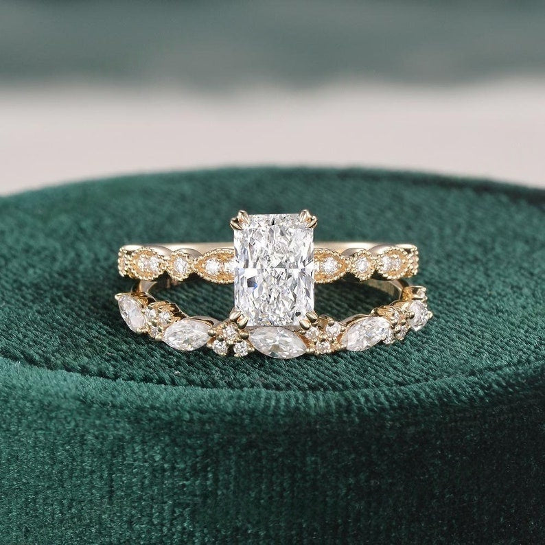18k Gold Lab Grown Diamond CVD 2CT Radiant-Cut Unique Hidden Halo Art Deco Yellow Gold Marquise Cluster Band Ring