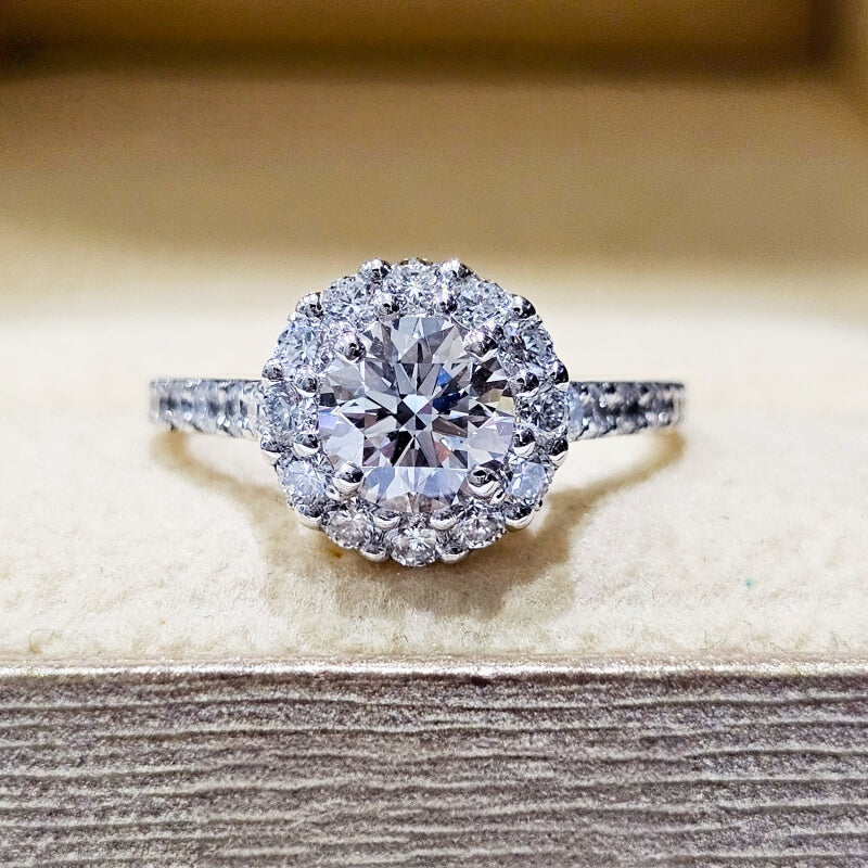 14K Gold Lab Grown Diamond CVD 1.5CT Round-Cut Halo Pave Band Engagement Ring