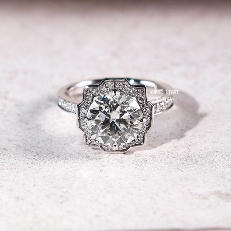 14K Gold Lab Grown Diamond CVD 1.5CT Round-Cut Octagonal Halo Art Deco Anniversary Ring