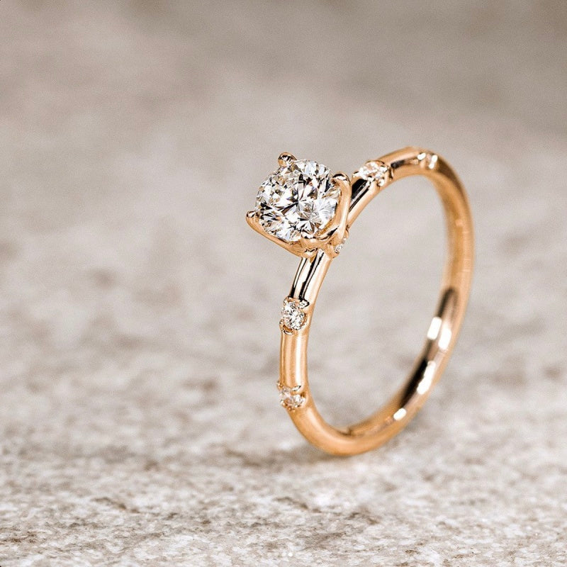 14K Gold Lab Grown Diamond CVD 1CT Round-Cut Curved Shoulder Four Prong Setting Engagement Ring