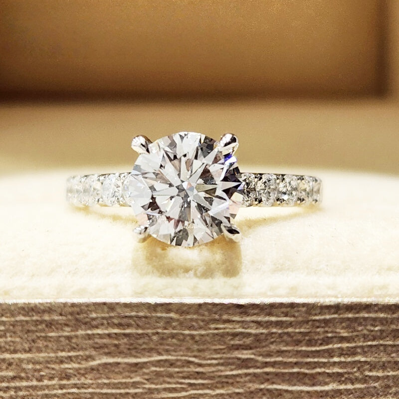 14K Gold Lab Grown Diamond CVD 3CT Round-Cut Four Prong Setting Pave Band Engagement Ring
