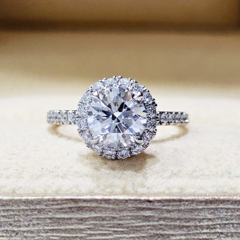 14K Gold Lab Grown Diamond CVD 1.5CT Round-Cut Halo Pave Band Engagement Ring