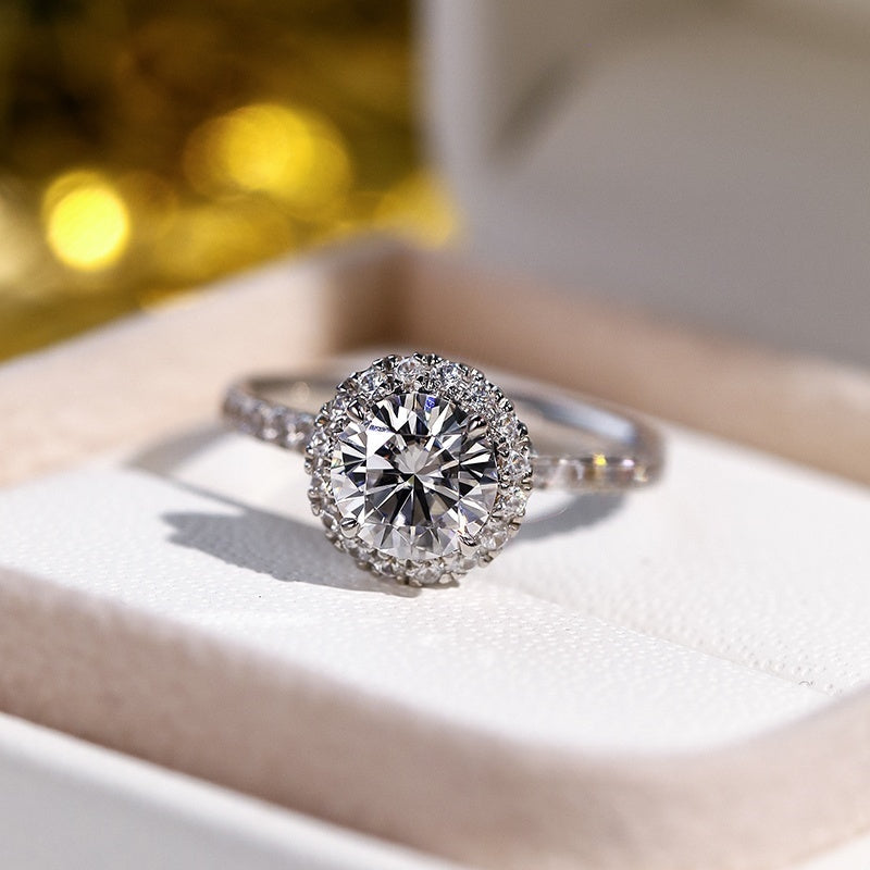 10K Gold Lab Grown Diamond CVD 1CT Round-Cut Halo Pave Band Engagement Ring