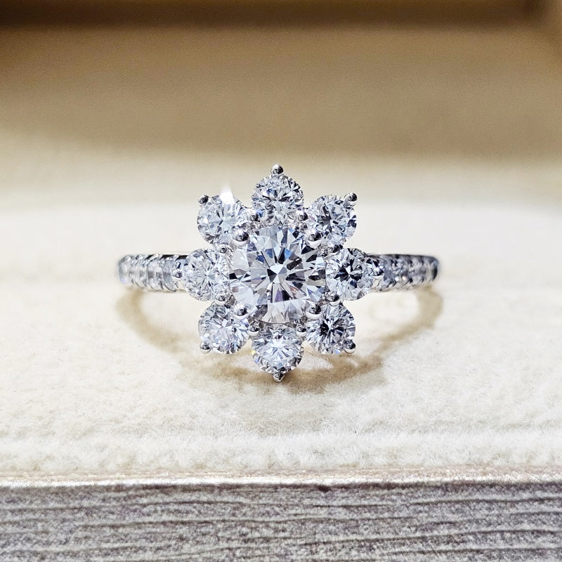 14K Gold Lab Grown Diamond CVD 1CT Round-Cut Inspired Flower Pave Band Anniversary Ring