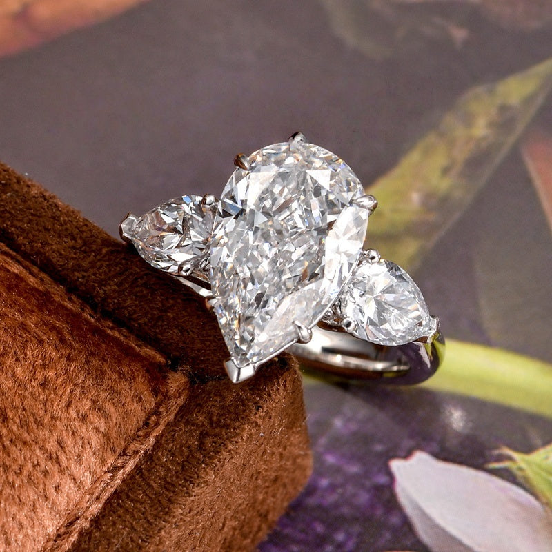 14K Gold Lab Grown Diamond CVD 2CT Pear-Cut Three Stone Bridal Luxury Engagement Ring