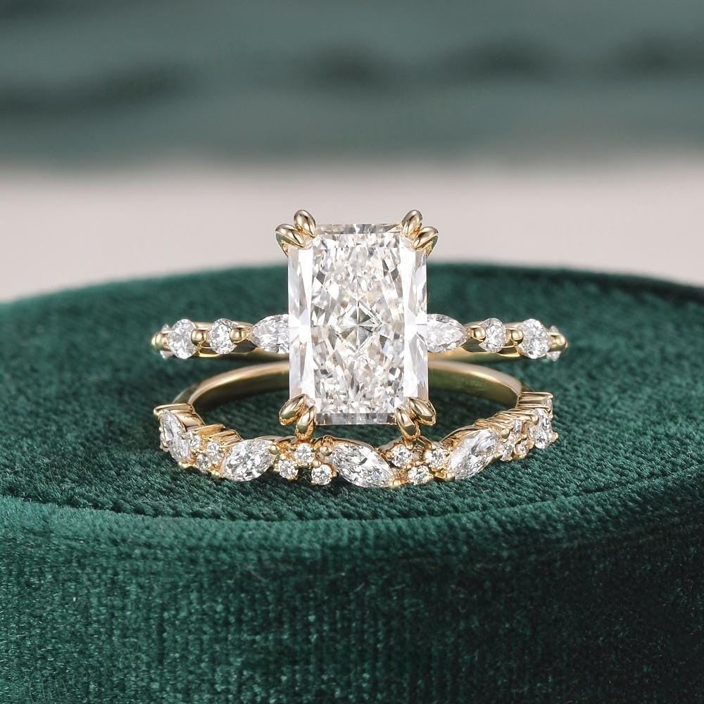 14K Gold Lab Grown Diamond CVD 3CT Radiant-Cut Unique Marquise Double Prongs Wedding Ring Set