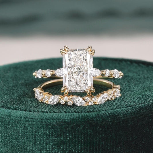 14K Gold Lab Grown Diamond CVD 3CT Radiant-Cut Unique Marquise Double Prongs Wedding Ring Set