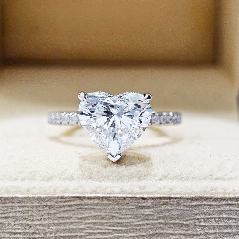 14K Gold Lab Grown Diamond CVD 1.5CT Heart-Cut Hidden Halo Pave Band Engagement Ring