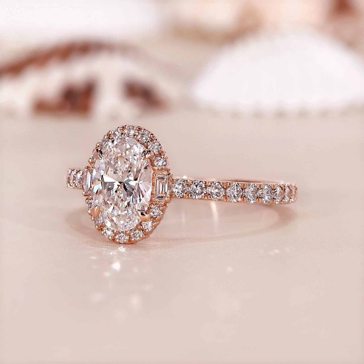 18k Gold Lab Grown Diamond CVD 1CT Oval-Cut Baguette Accent Handmade Halo Engagement Ring