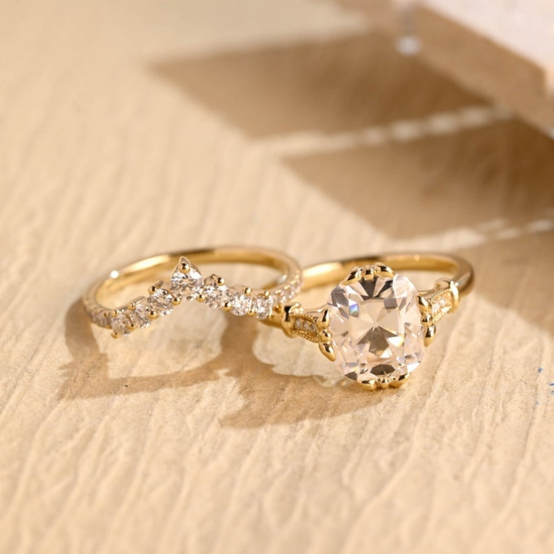 18k Gold Lab Grown Diamond CVD 2CT Cushion-Cut Filigree Milgrain Ring, Vintage Bridal Set