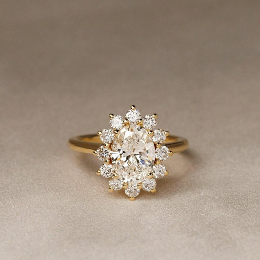 18k Gold Lab Grown Diamond CVD 1.5CT Oval-Cut Folwer Style Halo Wedding Ring For Women