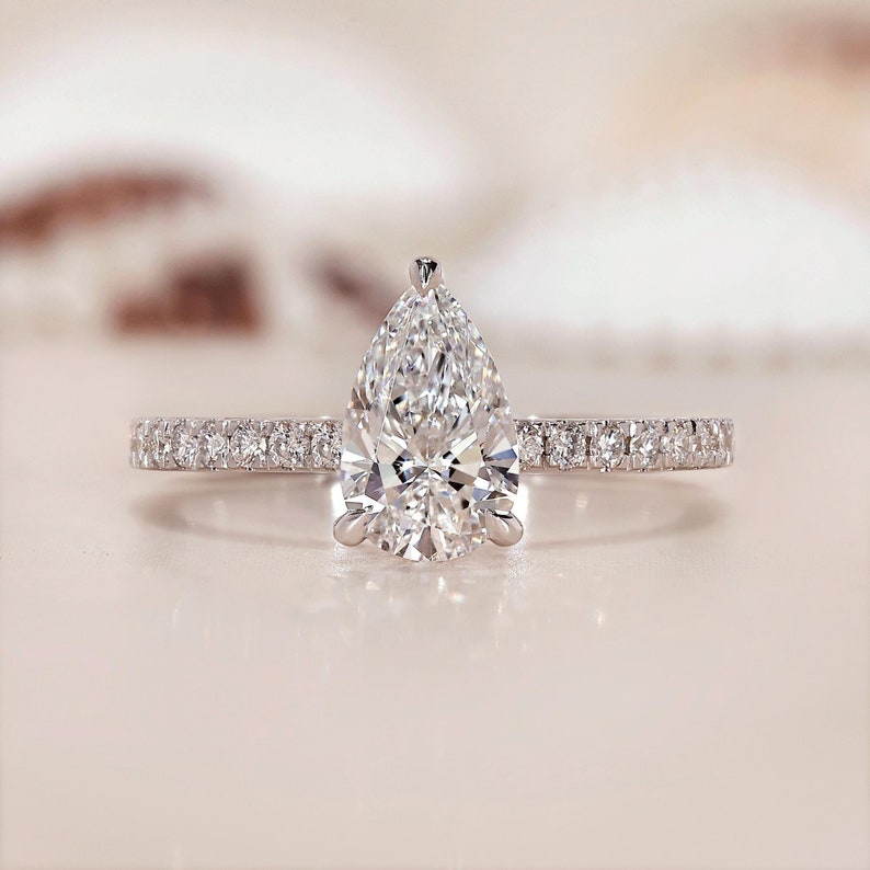 10K Gold Lab Grown Diamond CVD 2CT Pear-Cut Hidden Halo Pave Band Engagement Ring