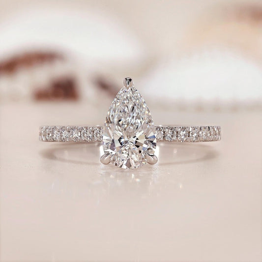 10K Gold Lab Grown Diamond CVD 2CT Pear-Cut Hidden Halo Pave Band Engagement Ring