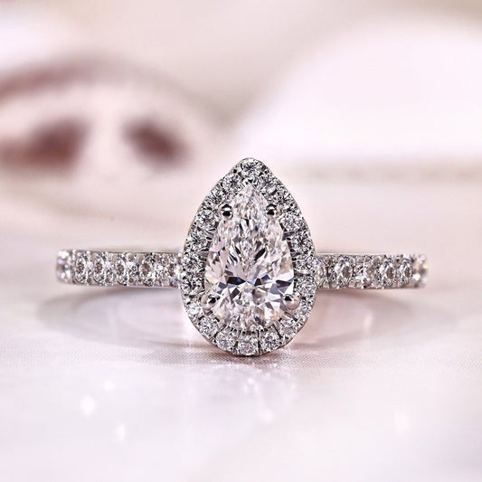 10K Gold Lab Grown Diamond CVD 1CT Pear-Cut Halo Pave Engagement Ring