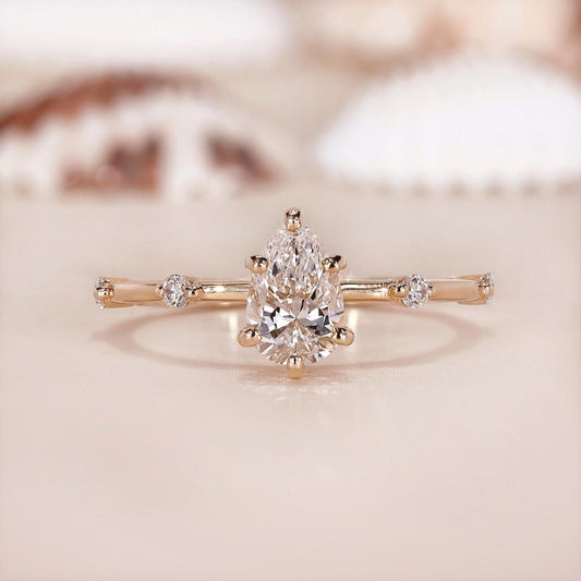 10K Gold Lab Grown Diamond CVD 1CT Pear-Cut Round Side Stone Anniversary Ring