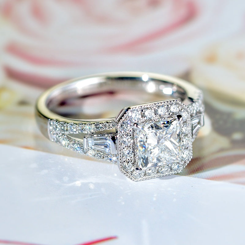 14K Gold Lab Grown Diamond CVD 2CT Princess-Cut Halo Vintage Engagement Ring