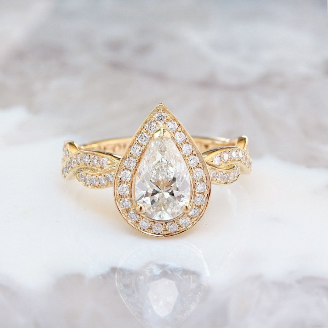 18k Gold Lab Grown Diamond CVD 1.5CT Pear-Cut Vintage Teardrop Diamond Ring for Women