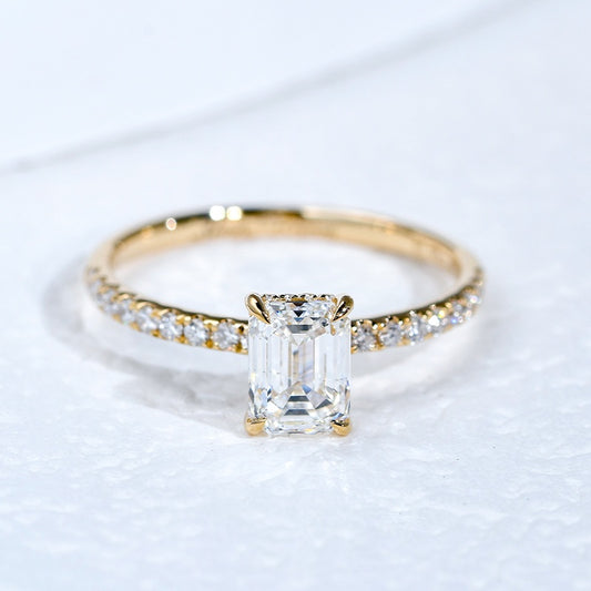 10K Gold Lab Grown Diamond CVD 1CT Emerald-Cut Hidden Halo Pave Band Anniversary Ring