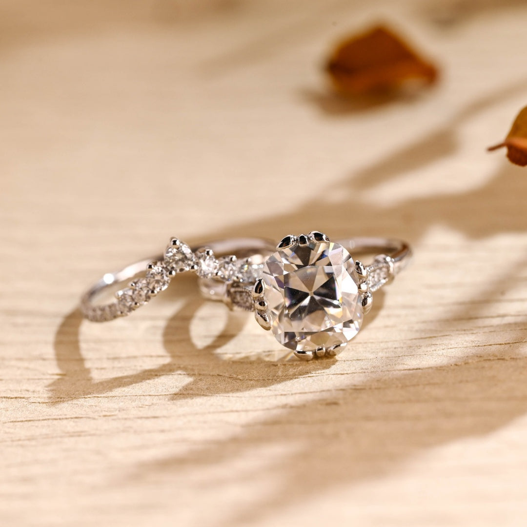 18k Gold Lab Grown Diamond CVD 2CT Cushion-Cut Filigree Milgrain Ring, Vintage Bridal Set
