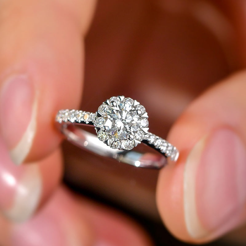 14K Gold Lab Grown Diamond CVD 2CT Round-Cut Sunflower Pave Engagement Ring