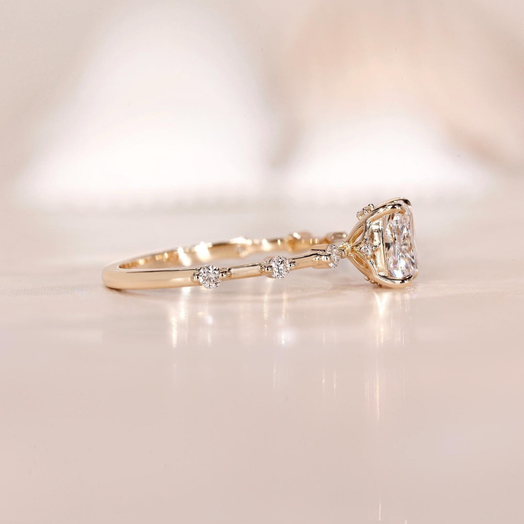18K Gold Lab Grown Diamond CVD 1CT Cushion-Cut Pave Cathedral Setting Anniversary Ring