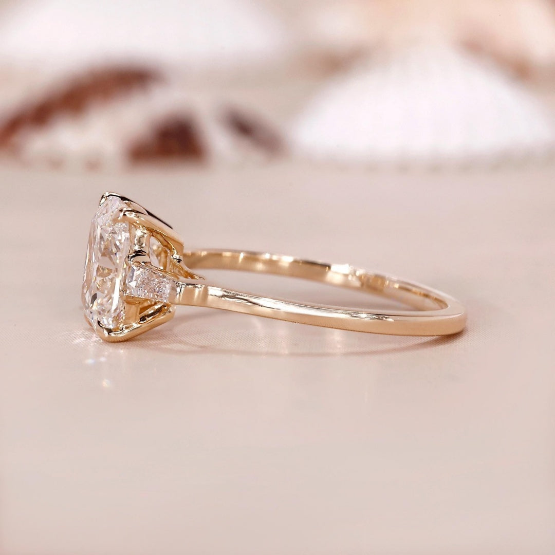 10K Gold Lab Grown Diamond CVD 3CT Cushion-Cut Tapered Baguette Engagement Rin