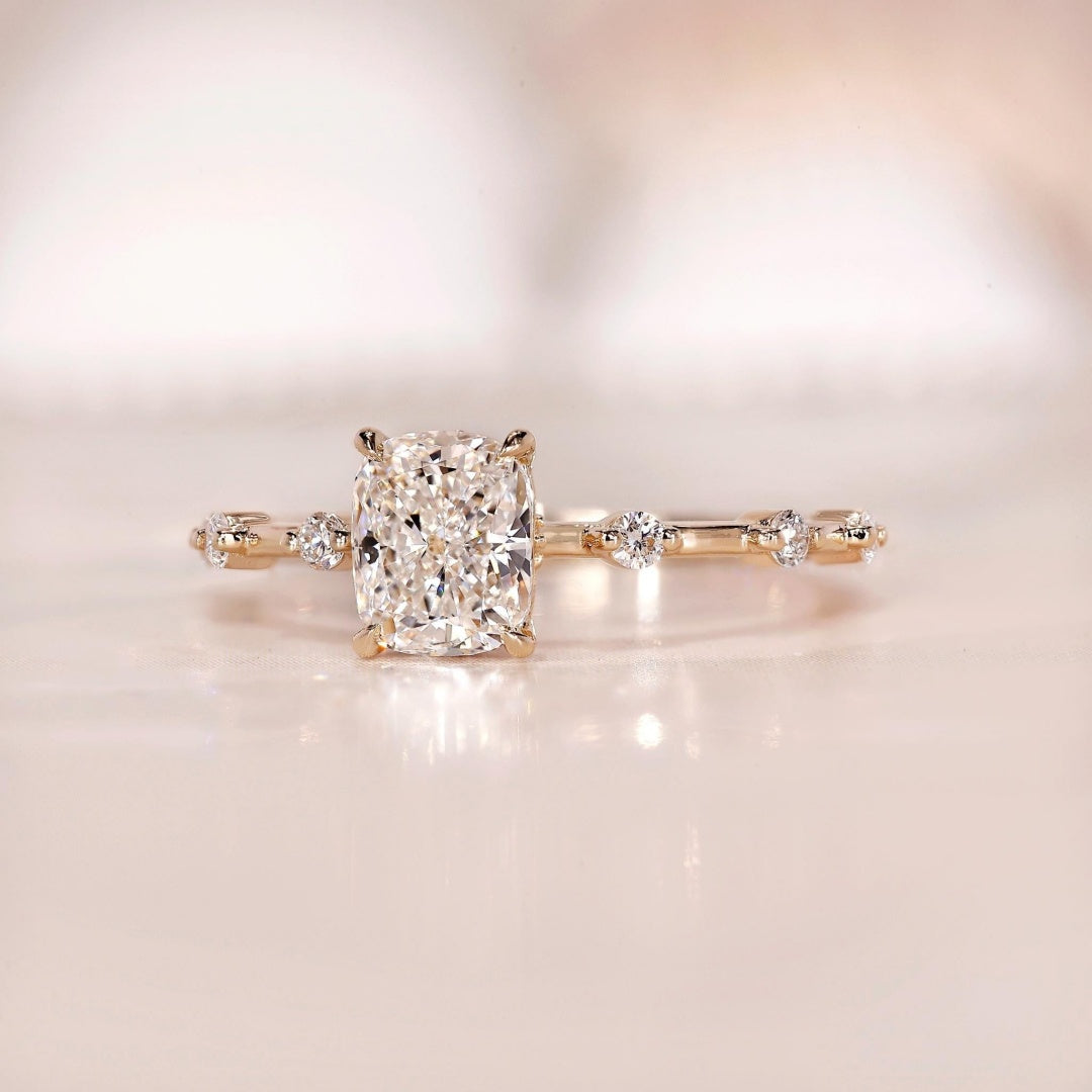 18K Gold Lab Grown Diamond CVD 1CT Cushion-Cut Pave Cathedral Setting Anniversary Ring