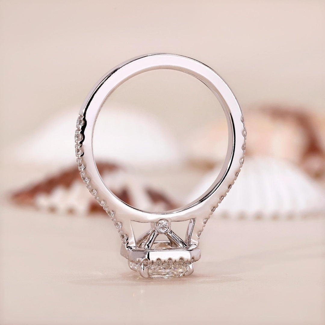 10K Gold Lab Grown Diamond CVD 2CT Asscher-Cut Halo Pave Band Engagement Ring