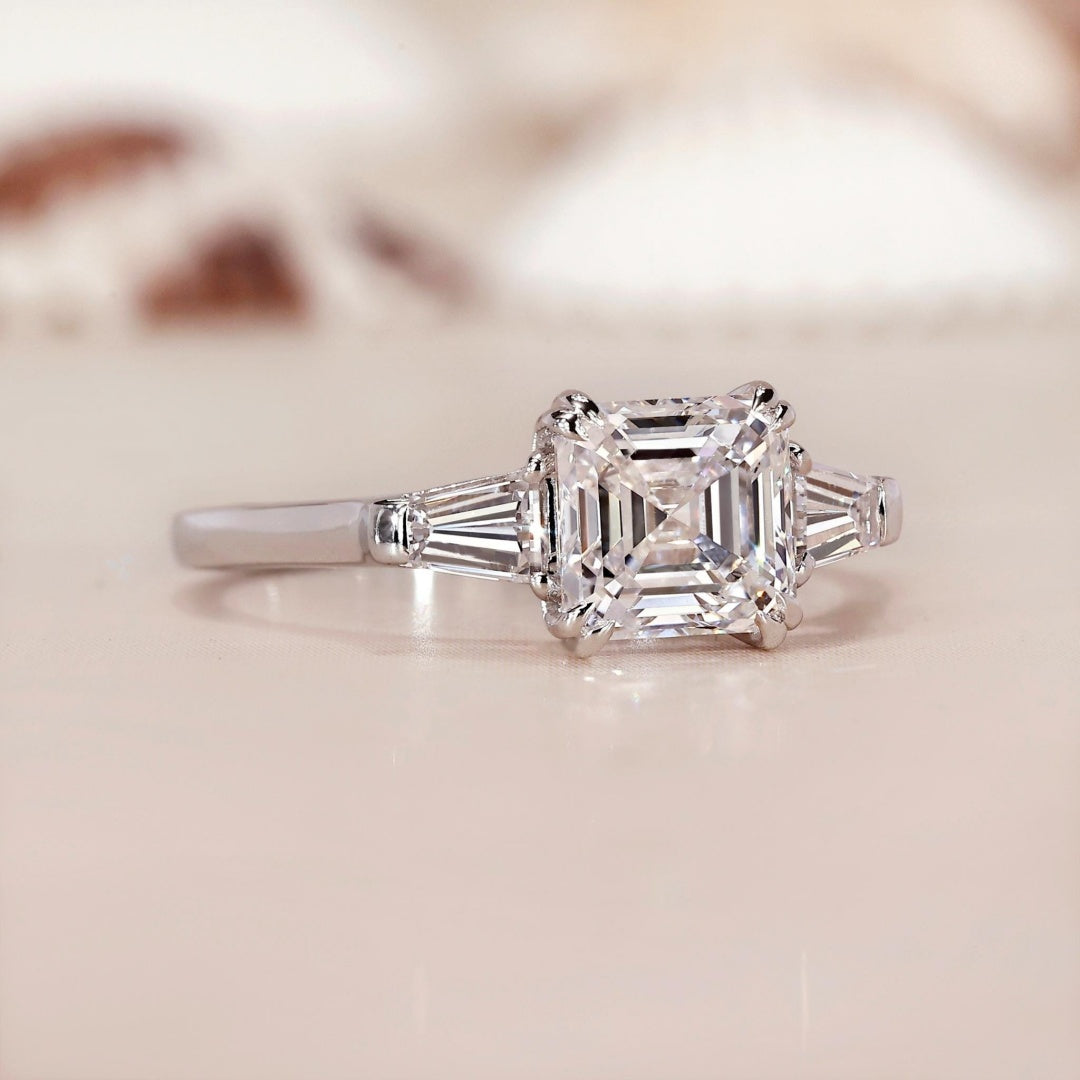 10K Gold Lab Grown Diamond CVD 1CT Asscher-Cut Side Stone Tapered Baguette Double ClawProng Promise Ring
