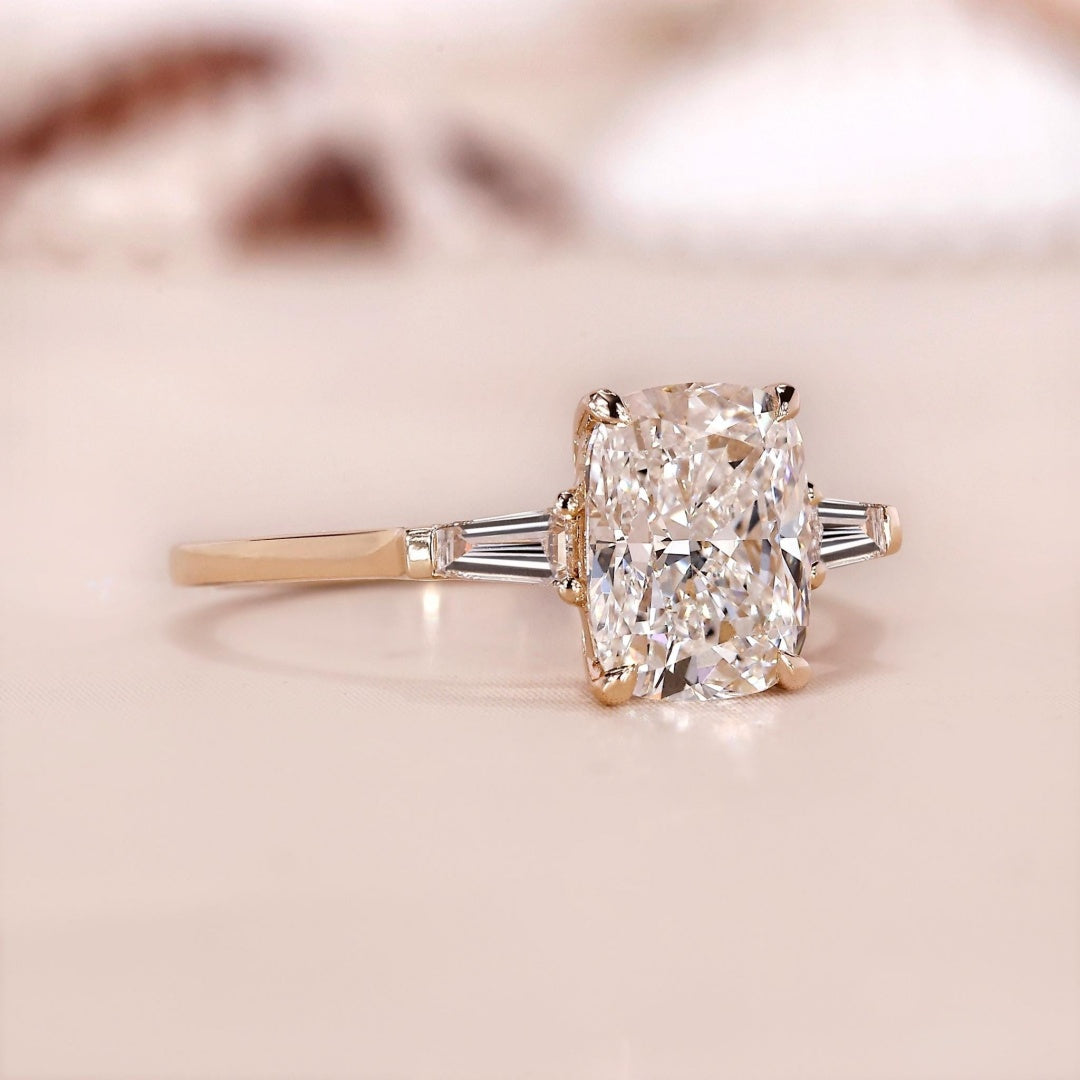 10K Gold Lab Grown Diamond CVD 3CT Cushion-Cut Tapered Baguette Engagement Rin