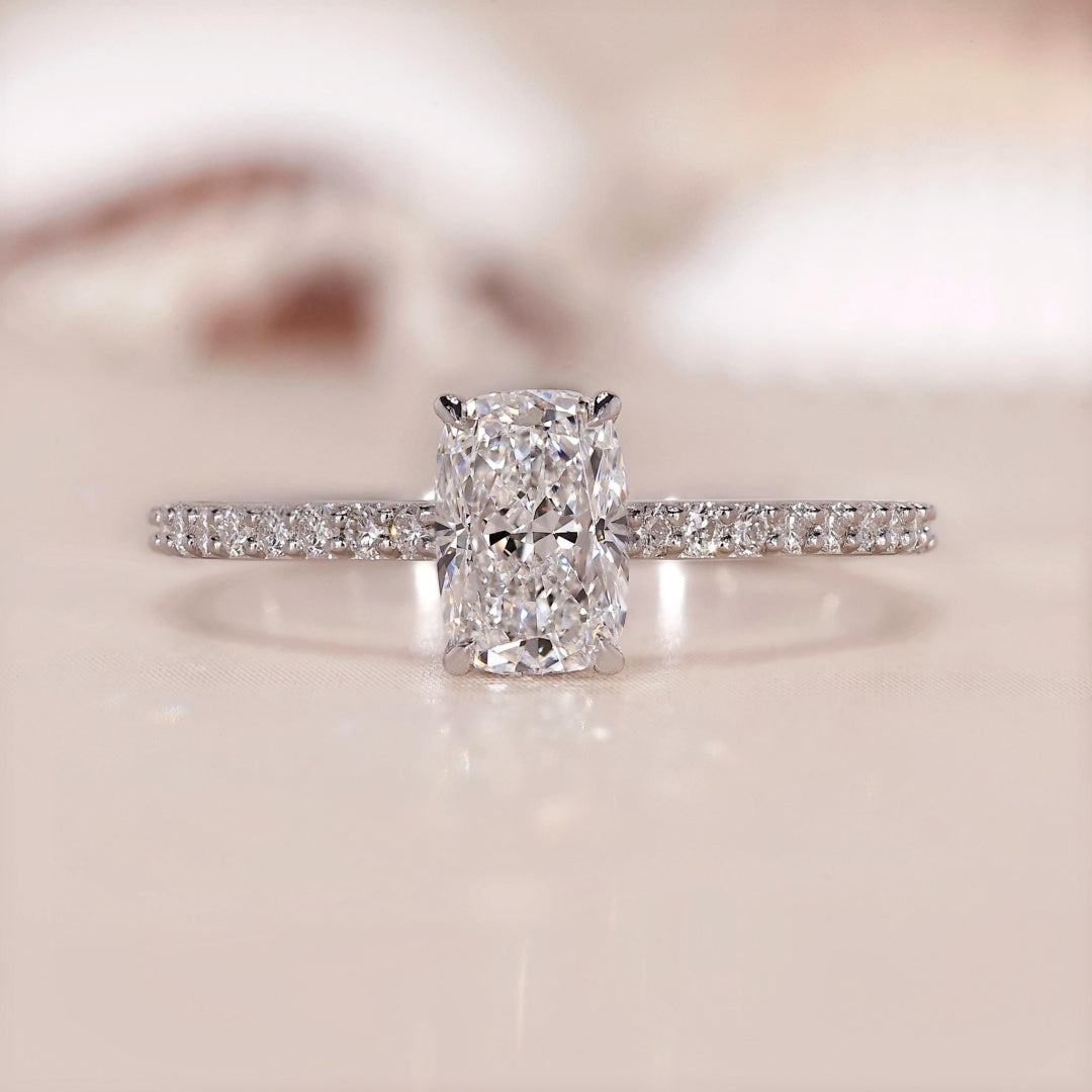 10K Gold Lab Grown Diamond CVD 1CT Cushion-Cut Hidden Halo Pave Wedding Ring