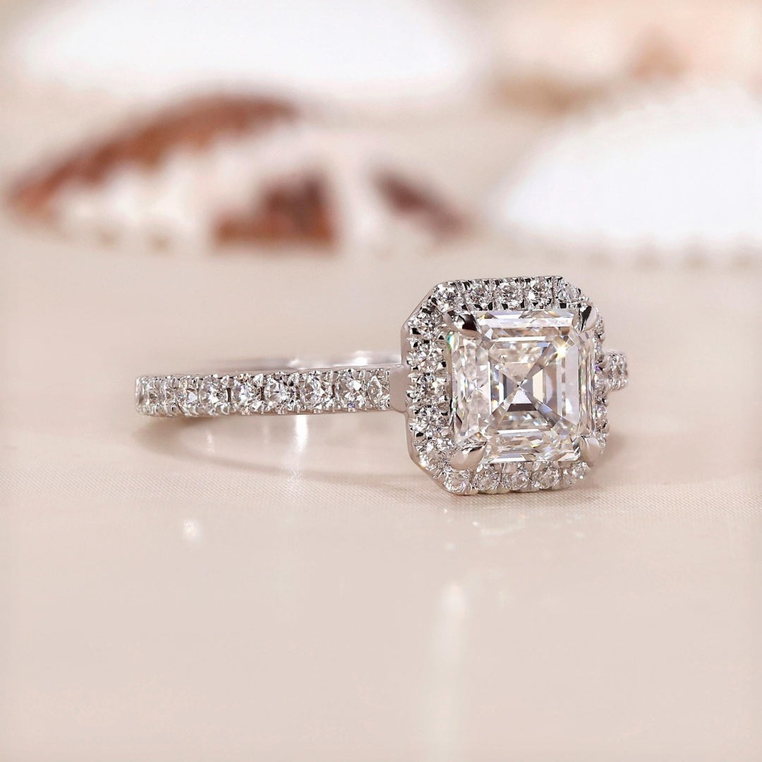 10K Gold Lab Grown Diamond CVD 2CT Asscher-Cut Halo Pave Band Engagement Ring