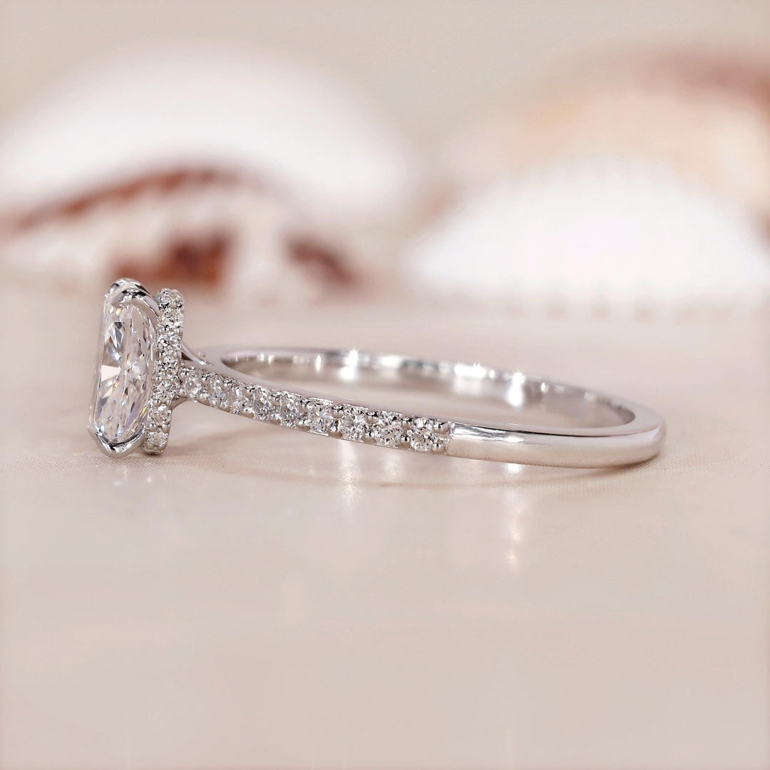 10K Gold Lab Grown Diamond CVD 1CT Cushion-Cut Hidden Halo Pave Wedding Ring